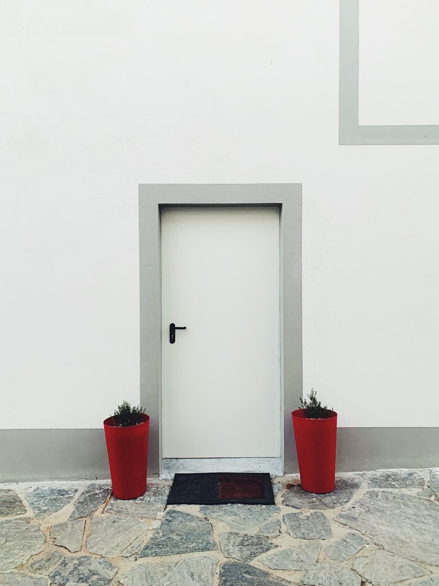 two red flower pots in both sided of closed red door